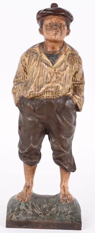 B&H CAST IRON WHISTLING JIM DOOR STOP: B&H cast iron Whistling Jim Door Stop. All original with wonderful casting and nice paint. Still has rubber stops on back. A nice example of a very desirable Door Stop. 16 1/4" Excellent