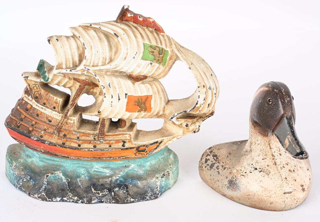 CAST IRON SAILING SHIP & DUCK DOOR STOPS: American cast iron Sailing Ship and Duck Door Stops. Both all original with nice paint. Largest 9 1/2" Excellent