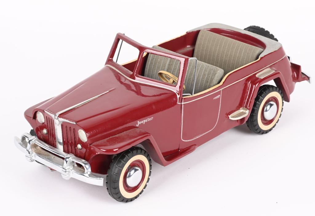 1940s AL-TOY WILLYS JEEPSTER PROMO CAR: Al-Toy Willys Jeepster Convertible Promotional Model. All original and in great condition. Made of cast metal with great details. Made in 1940s. 15 1/2" Excellent