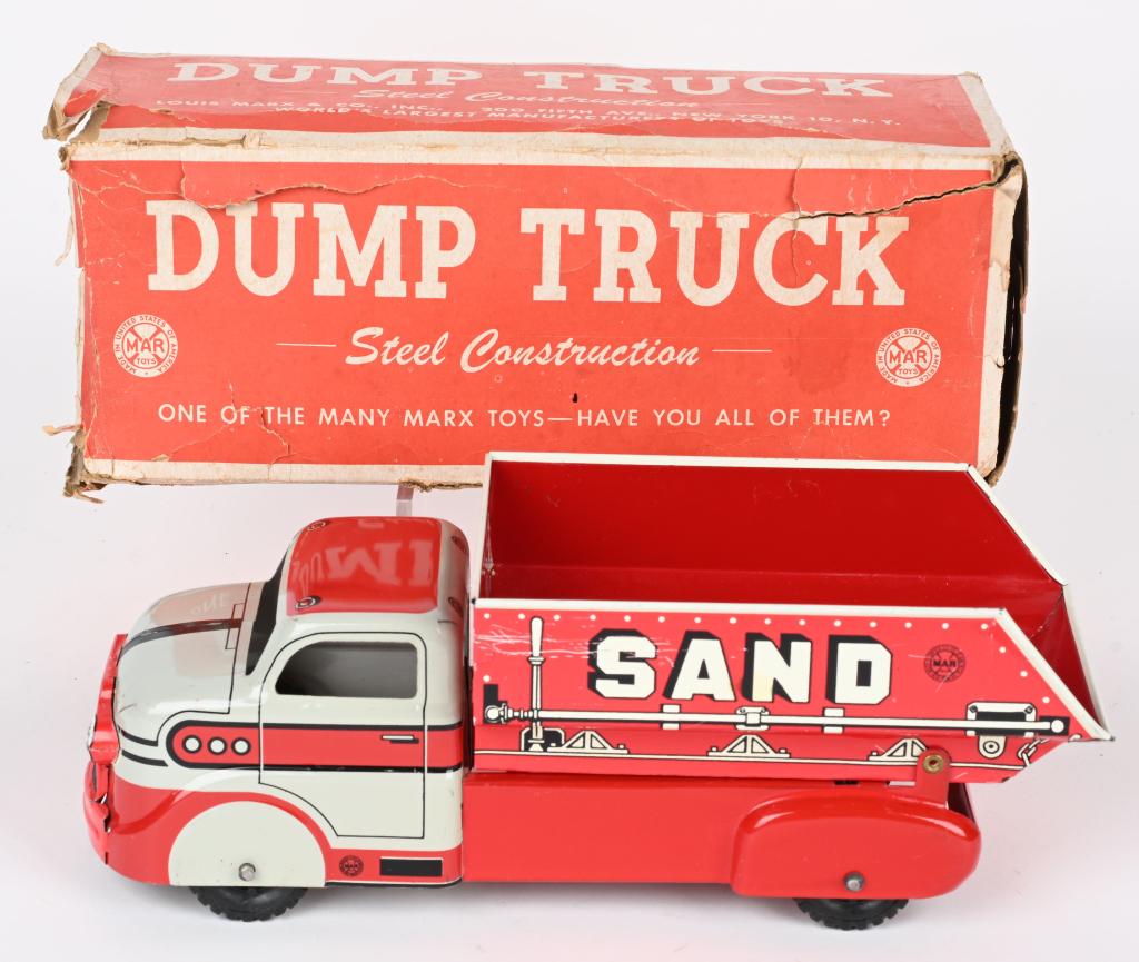 MARX SAND & GRAVEL DUMP TRUCK w/ BOX: Marx Sand & Gravel Dump Truck. Very colorful version. Looks basically never played with condition. Boxed 12" Excellent