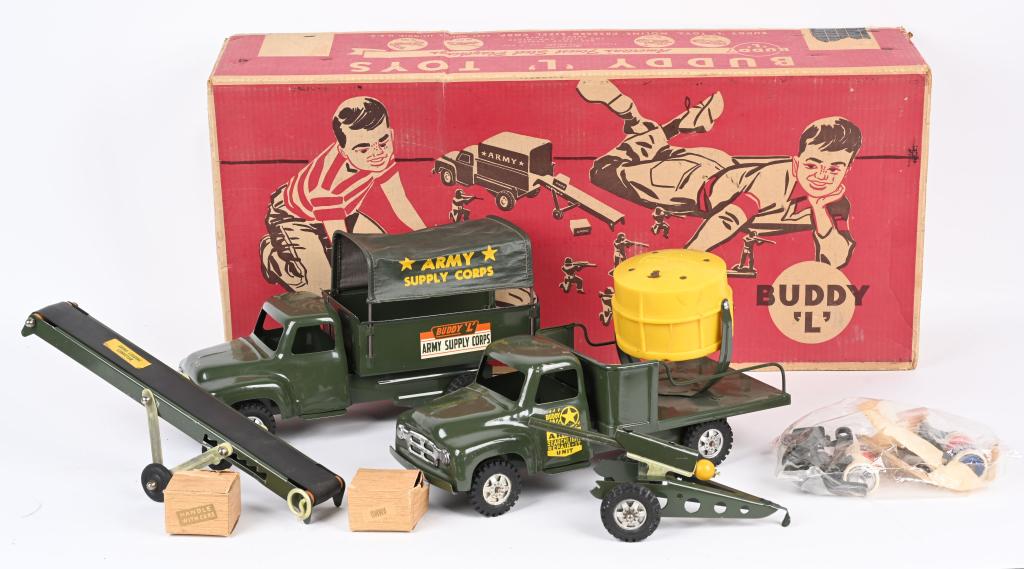 BUDDY L #5560 ARMY COMBINATION w/ BOX: Buddy L #5560 Army Combination. Includes Searchlight Truck, Transport Truck, Cannon, Conveyor, Soldiers, and Accessories. Great original condition. In Set Box. 30" Excellent