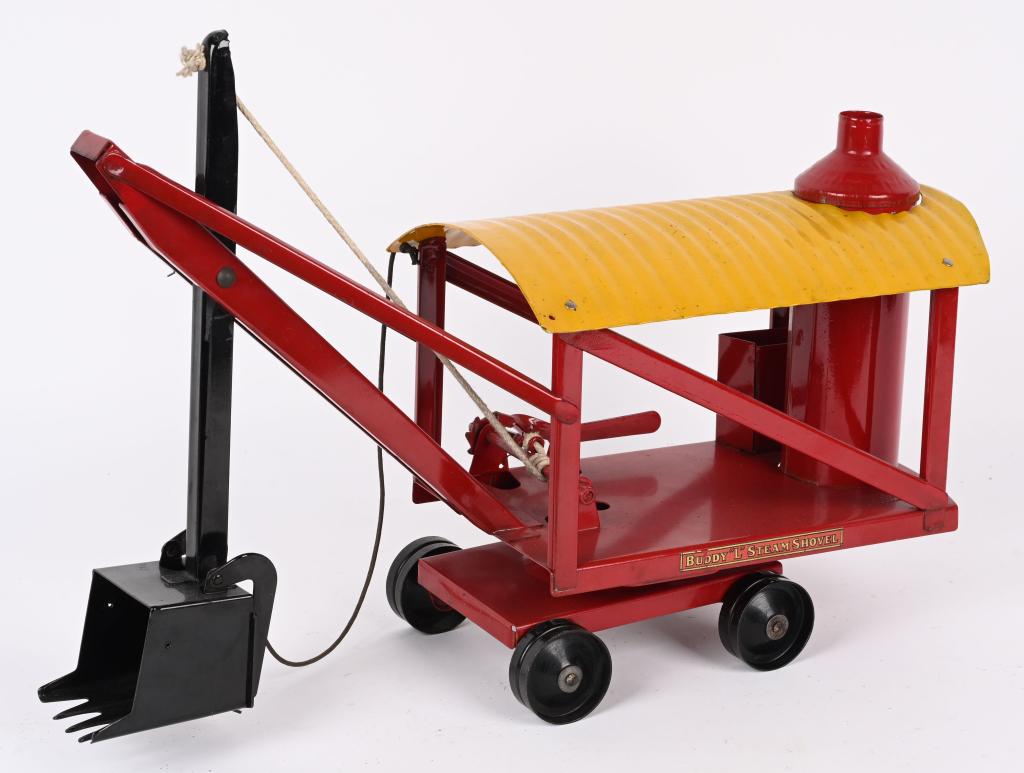 BUDDY L JR PRESSED STEEL STEAM SHOVEL "RED": Buddy L Jr Line pressed steel Steam Shovel on Wheels. Scarce Red and Yellow version. All original and in great condition. 24" Excellent