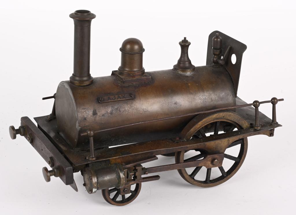HJ WOOD AJAX LIVE STEAM LOCOMOTIVE: HJ Wood London Ajax Live Steam Locomotive. Very early primitive looking Steam Engine. All original condition. 10" Very Good-Excellent