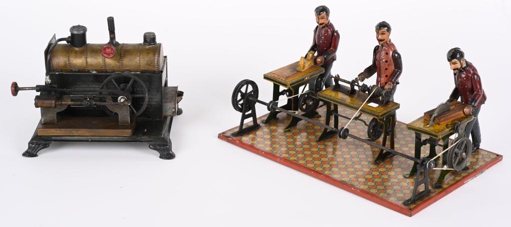 WEEDEN STEAM ENGINE & WORKSHOP ACCESSORY: Weeden #45 Horizontal Steam Engine with 3 Man Workshop Accessory. All in great original condition. Largest measures 10" Excellent