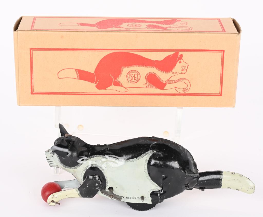 GUNTHERMANN TIN WUNDUP NIFTY CAT & BALL w/ BOX: German tin windup Nifty Cat and Ball. All original and looks basically never played with. Windup works. Boxed 8" Excellent
