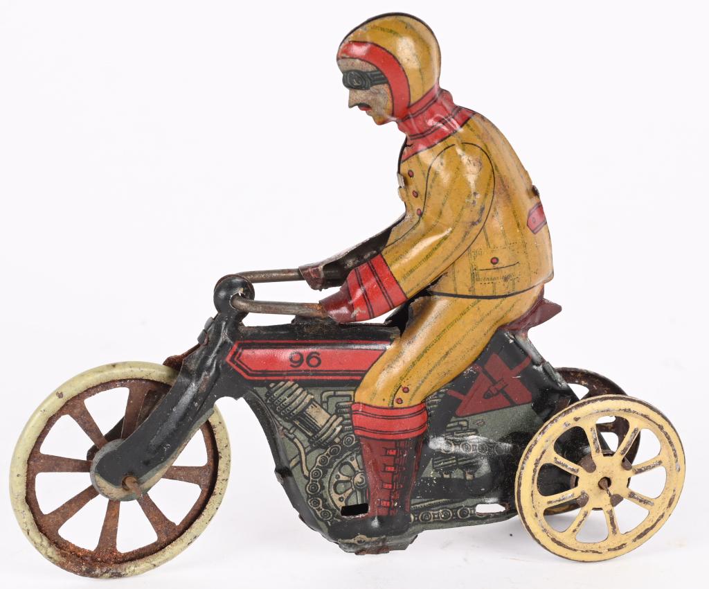 CKO PENNY TOY CIVILIAN MOTORCYCLE: German Penny Toy Civilian Motorcycle. All original with nice details. 3 3/4" Excellent