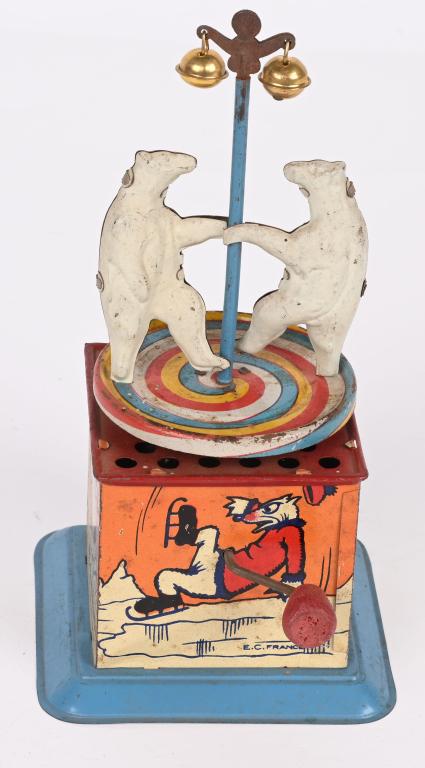 FRENCH TIN DANCING POLAR BEARS CRANK TOY: French tin Dancing Polar Bears Crank Toy. Crank the handle and the Bears dance and toy plays music. 8" Excellent