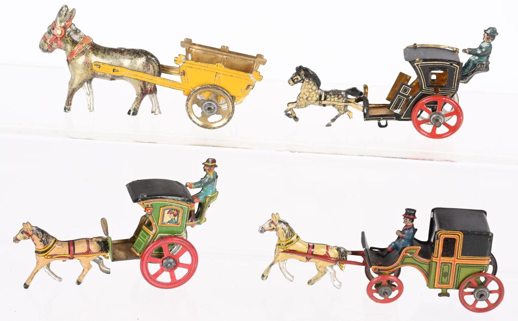 4- GERMAN HORSE DRAWN PENNY TOYS: Lot of German Horse Drawn Penny Toys. All very ornate with nice details. Largest 4 1/2" Excellent