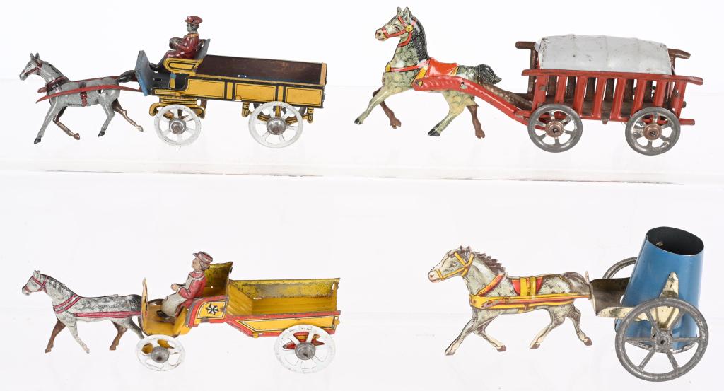 4- GERMAN HORSE DRAWN PENNY TOYS: Lot of German Horse Drawn Penny Toys. All very ornate with nice details. Largest 5" Excellent