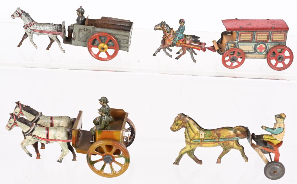 4- GERMAN HORSE DRAWN PENNY TOYS: Lot of German Horse Drawn Penny Toys. All very ornate with nice details. Largest 5" Excellent