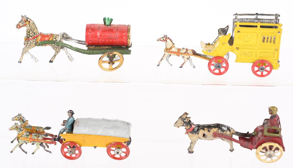 4- GERMAN HORSE DRAWN PENNY TOYS: Lot of German Horse Drawn Penny Toys. All very ornate with nice details. Largest 5" Excellent