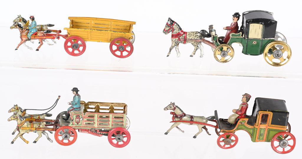 4- GERMAN HORSE DRAWN PENNY TOYS: Lot of German Horse Drawn Penny Toys. All very ornate with nice details. Largest 5" Excellent