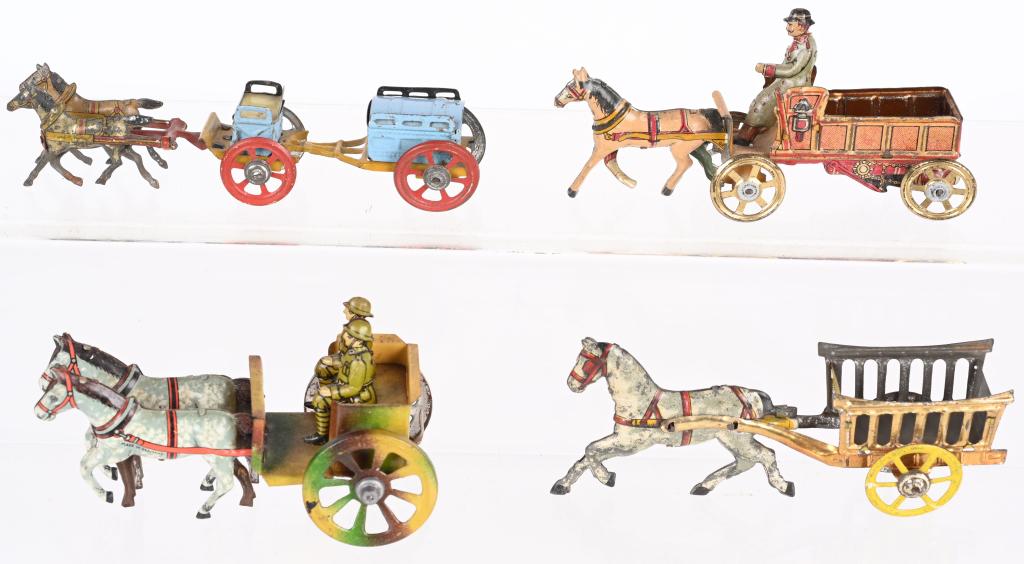 4- GERMAN HORSE DRAWN PENNY TOYS: Lot of German Horse Drawn Penny Toys. All very ornate with nice details. Largest 5" Excellent