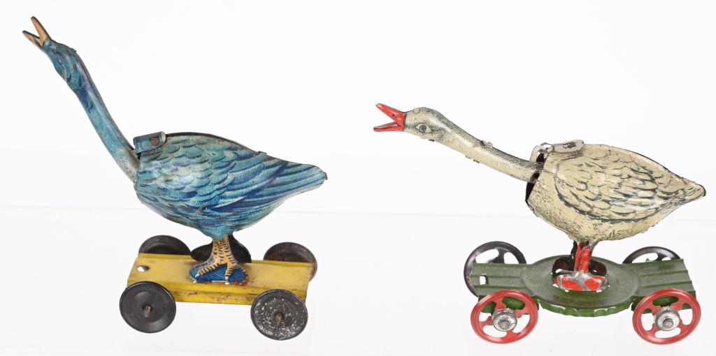 GERMAN PENNY TOY BLUE & WHITE GOOSE: German Penny Toy Blue and White Goose. Both with nice details. 3 1/2" Excellent