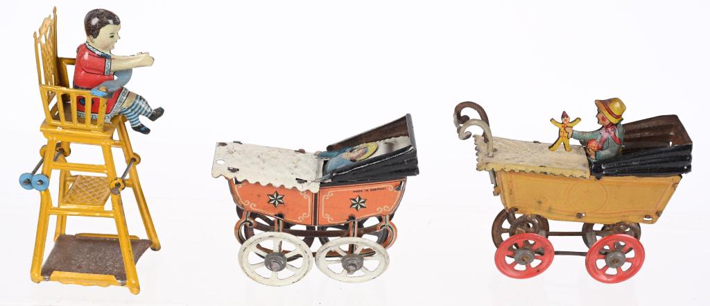 3- GERMANY BABY PENNY TOYS: German Penny Toys includes 2 Baby Buggies and High Chair. Largest 4" Excellent