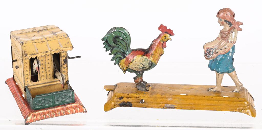 2- GERMAN CHICKEN PENNY TOYS: German Penny Toys includes Girl Feeding Chicken and Chickens in Cage. Both with nice details. Largest 4" Excellent