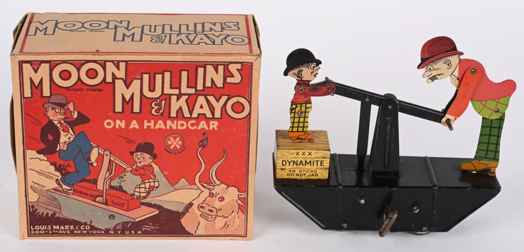 MARX TIN WINDUP MOON MULLINS & KAYO HANDCAR w/BOX: Marx tin windup Moon Mullins and Kayo Handcar. All original and complete. Floor version. Windup works. Comes with colorful Box 6" Excellent