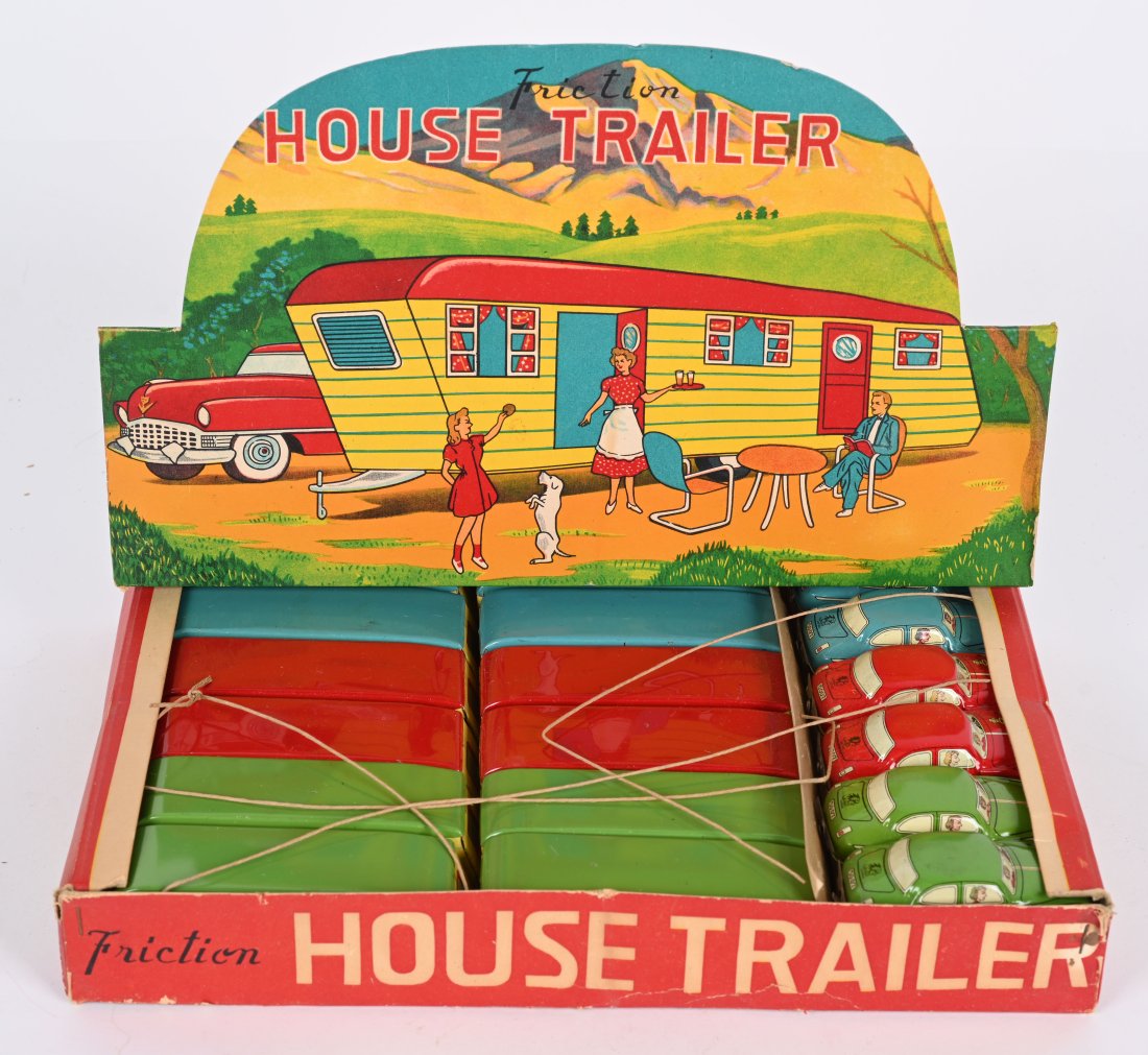 JAPAN TIN FRICTION CASE 12- CAR & HOUSE TRAILERS: Japan tin friction Factory Case full of 12- Cars and House Trailers. New Old Stock. Each unit measures 7" Comes in colorful Box. 12" Near Mint
