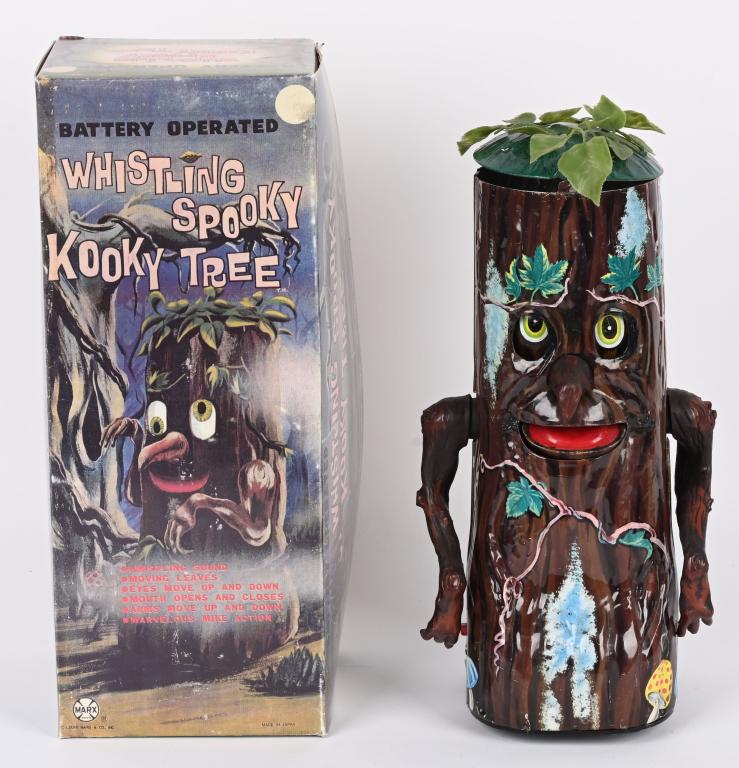 MARX BATTERY OP WHISTLING SPOOKY KOOKY TREE: Wonderful Marx Spooky Kooky Tree. All original and complete. This is the scarce version with mushrooms. Very nice bright colors. Super clean battery box. Worked when tested. Comes with reproduction bo
