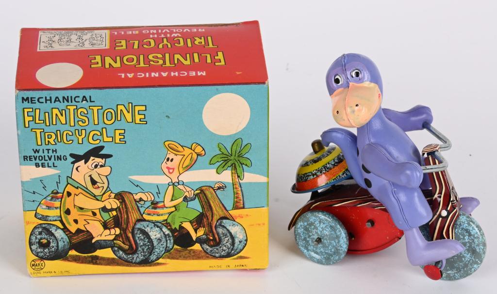 MARX TIN WINDUP DINO FLINTSTONE TRICYCLE w/ BOX: Marx tin windup Dino Flintstone Tricycle. Looks never played with condition. Windup works. With crisp Box. 4" Excellent