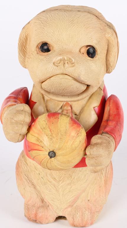 JAPAN CELLULOID WINDUP DOG WITH BALL: Japan celluloid windup Dog with Ball. All original and works. 7" Excellent