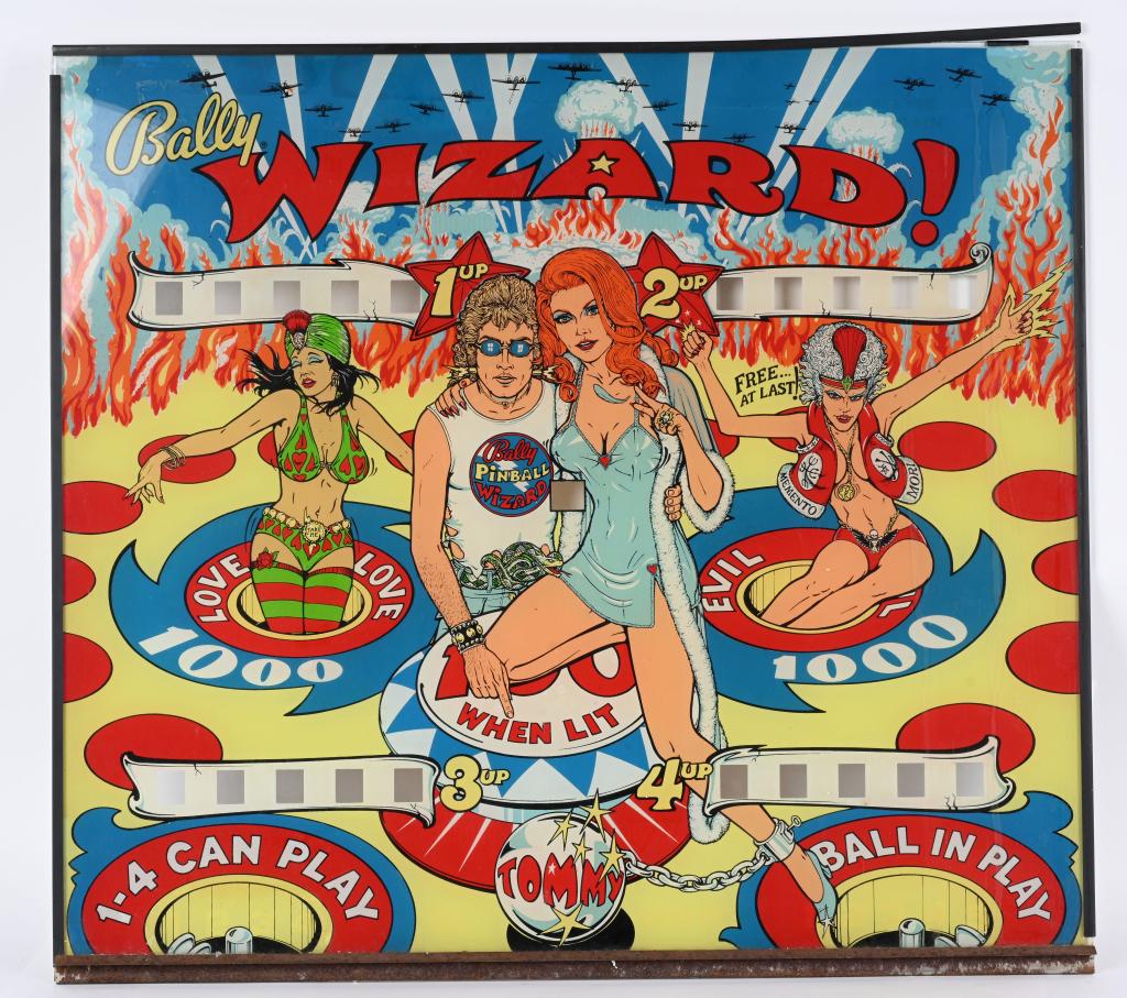 VINTAGE WIZARD PINBALL MACHINE BACK GLASS: Vintage Wizard Pinball Machine Back Glass. All original with great colors and design 28 1/2" Excellent