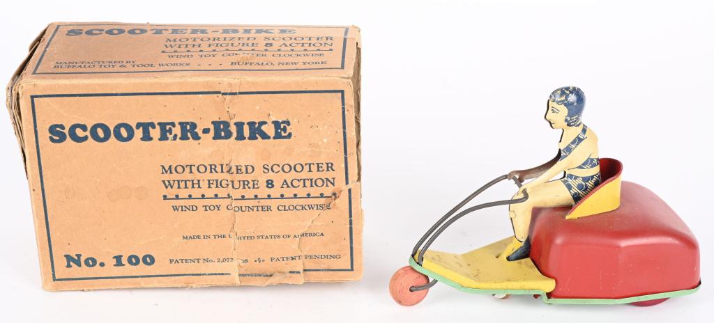 BUFFALO TIN WINDUP SCOOTER BIKE w/ BOX: Buffalo tin windup Scooter Bike. All original and works. Boxed 6 1/2" Excellent