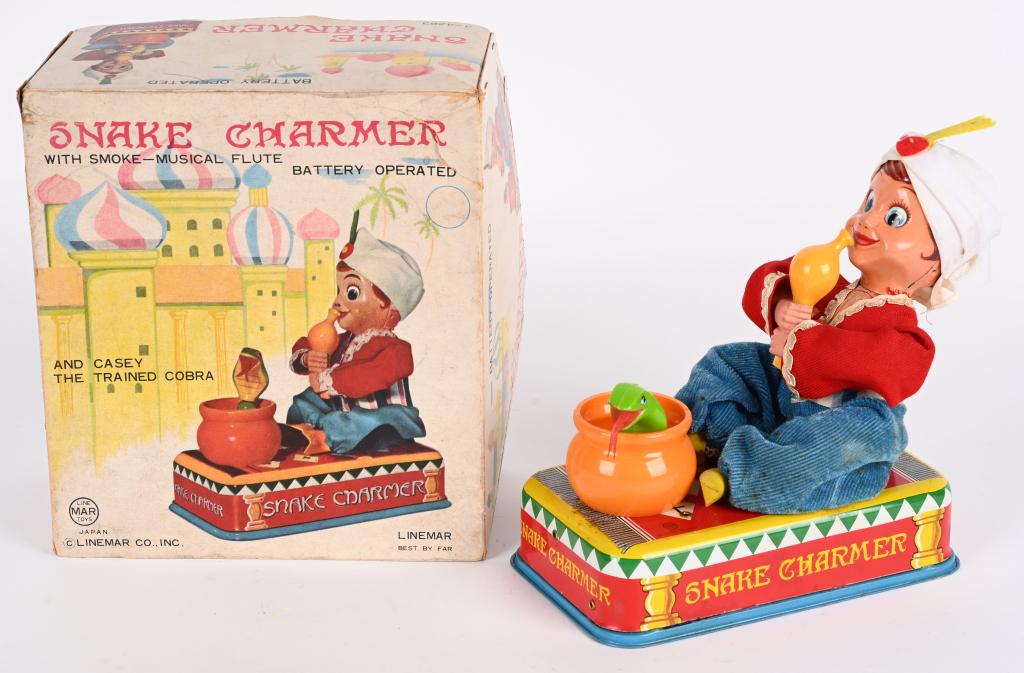 LINEMAR SNAKE CHARMER w/ BOX: Linemar Snake Charmer. All original and complete. Toy has great colors. Worked when tested. Boxed 8 1/2" Excellent