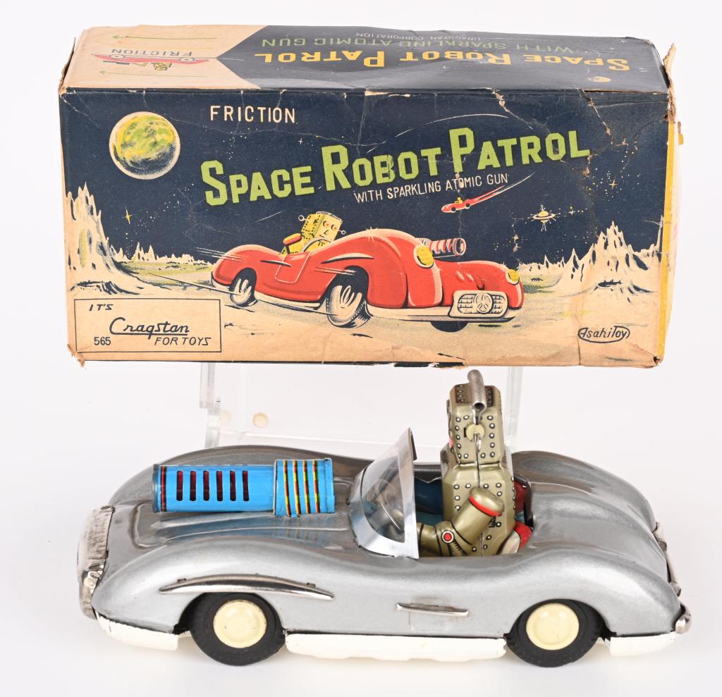 ASAHI TIN FRICTION SPACE ROBOT PATROL w/ BOX: Japan tin friction Space Robot Patrol. All original and complete. Great looking Robot driving Mercedes Benz. Friction works and gun sparks. A great looking Space Toy. Boxed 8 1/2" Excellent