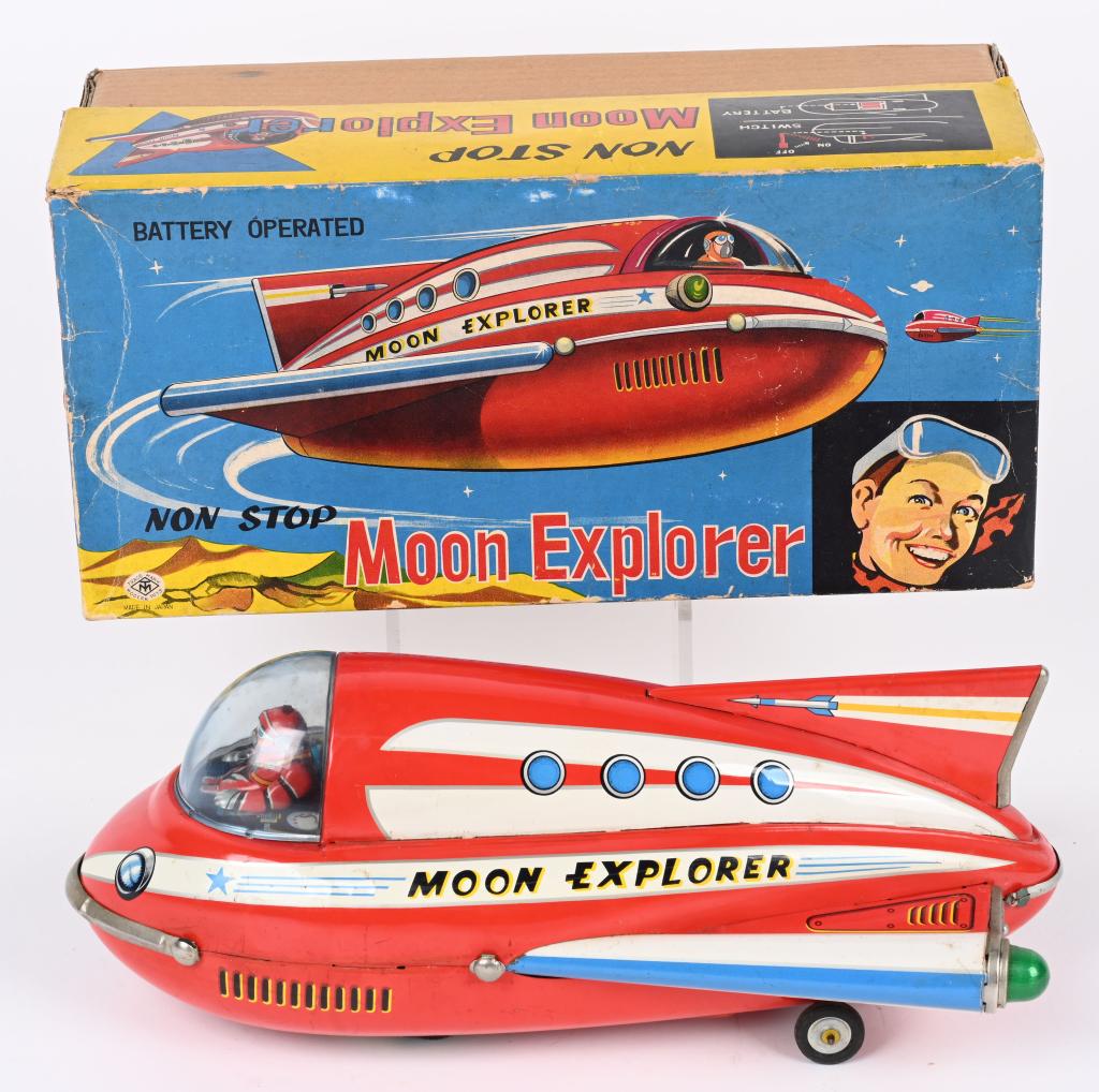 MT BATTERY OP MOON EXPLORER w/ BOX: Japan battery operated Moon Explorer. All original and complete. Large and impressive space toy. Has great looking Spaceman Driver under the bubble. Worked when tested. Boxed 14" Excellent