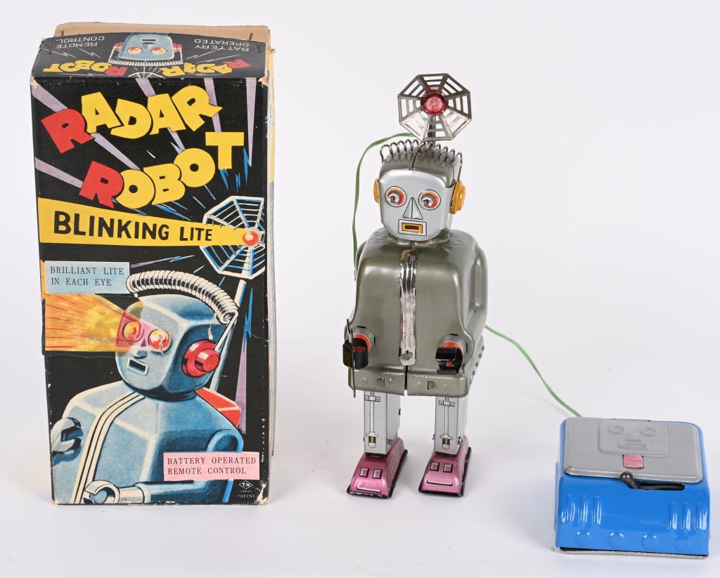NOMURA BATTERY OP RADAR ROBOT w/ BOX: Japan battery operated Radar Robot. Scarce version with Robot Face Battery Box. All original and very clean. Worked when tested. Comes with crisp Box. 9 1/2" Excellent