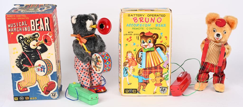 2- JAPAN BATTERY OP BEAR TOYS w/ BOXES: Includes Bruno Accordion Bear all original not working. Plus Musical Marching Bear all original remote wire broken. Both Boxed largest 11" Excellent