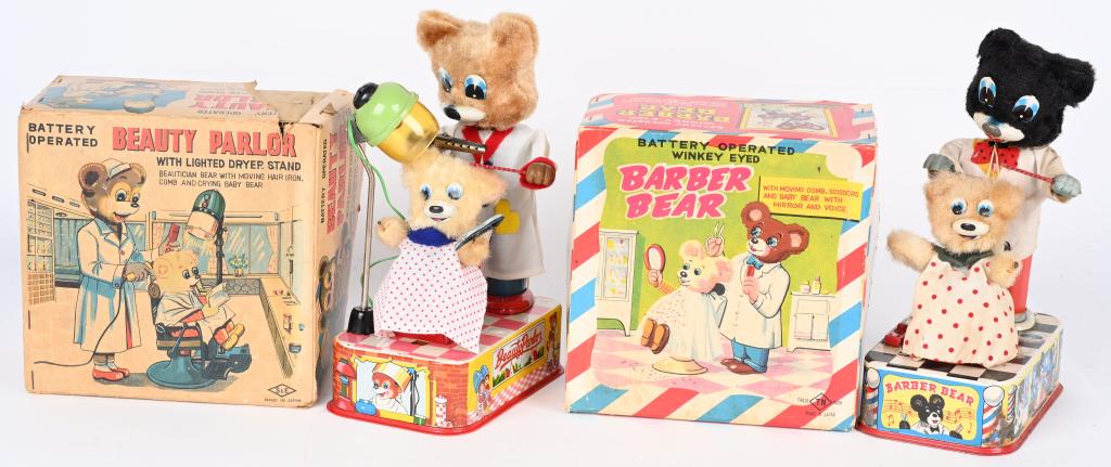 2- JAPAN BATTERY OP BEAR TOYS w/ BOXES: Includes Beauty Parlor Bear all original and worked when tested. Plus Barber Bear all original and worked when tested. Both Boxed 7 1/2" Excellent