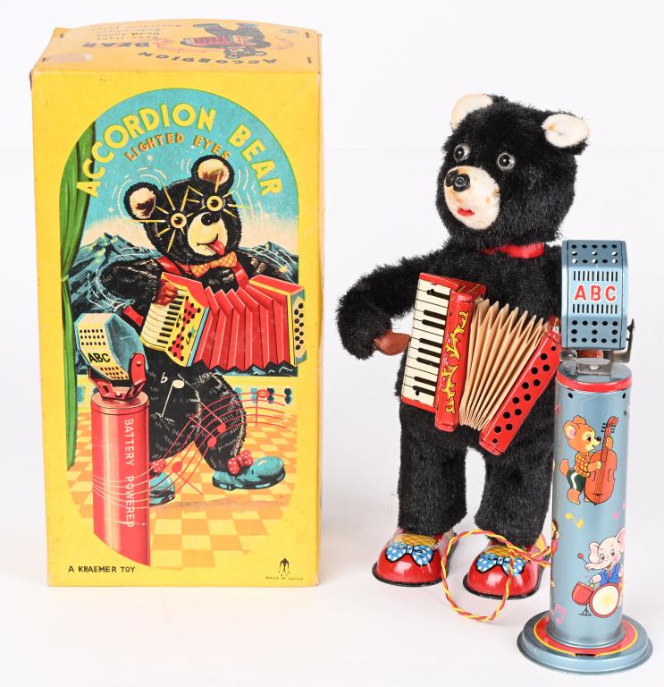 JAPAN Battery Op ACCORDIAN BEAR w/ BOX: Excellent battery operated toy made in Japan. Great colors and design. Still has ABC microphone battery box. Worked when tested. With colorful box. Excellent