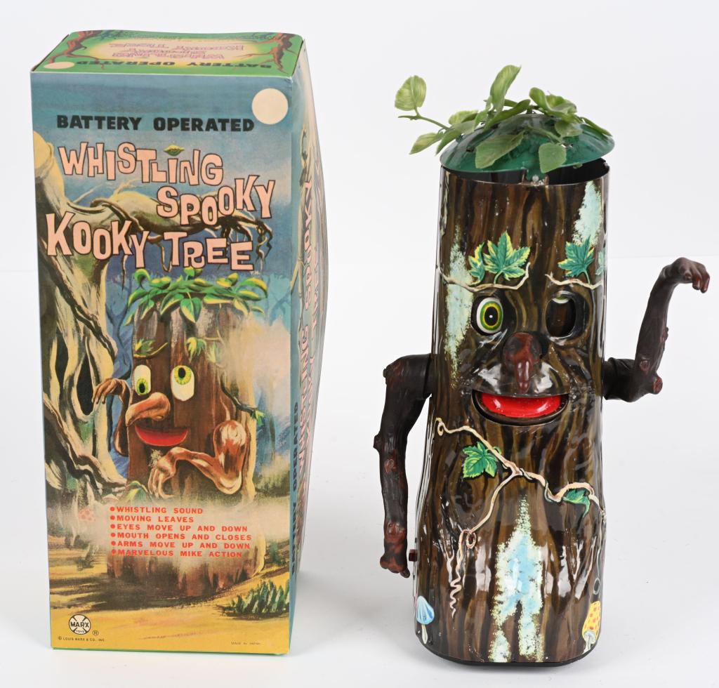MARX BATTERY OP WHISTLING SPOOKY KOOKY TREE: Wonderful Marx Spooky Kooky Tree. All original and complete. This is the scarce version with mushrooms. Very nice bright colors. Super clean battery box. Worked when tested. Comes with reproduction bo