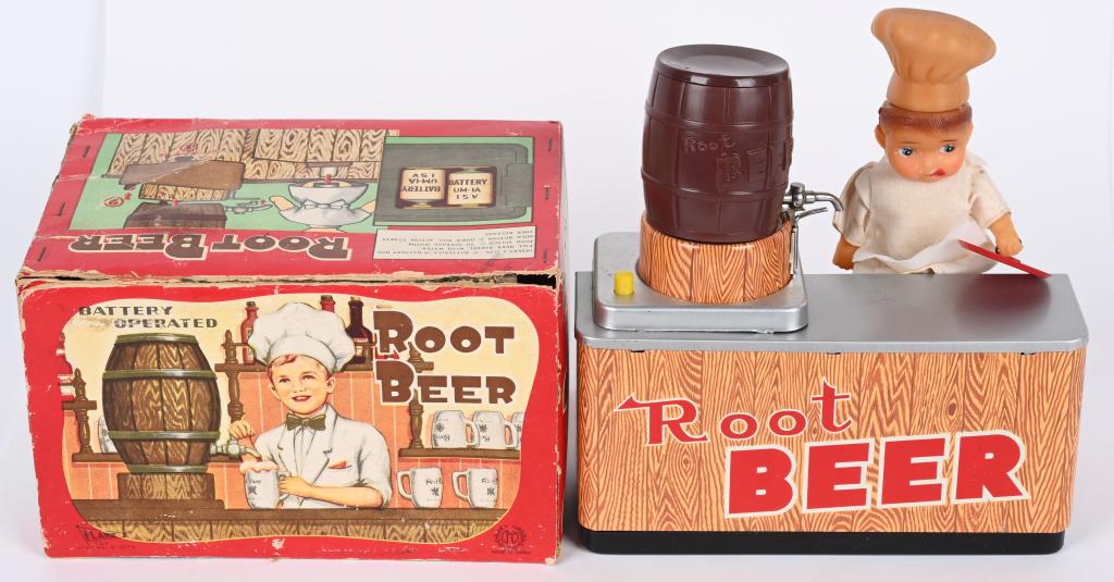 JAPAN BATTERY OP ROOT BEER BAR w/ BOX: Japan battery operated Root Beer Bar. All original and complete. Toy has great colors and design. Worked when tested. Comes with Box that looks like Bar with 1 reinforced flap. A Very scarce toy! 8 1/