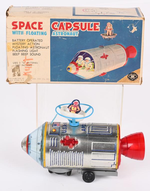 MASUDAYA BATTERY OP SPACE CAPSULE w/ ASTRONAUT: Japan battery operated Space Capsule with Floating Astronaut. All original and complete. Worked when tested. Boxed 11" Excellent