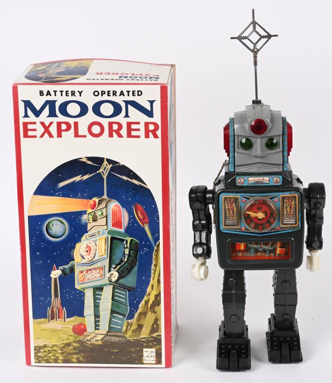 ALPS BATTERY OP MOON EXPLORER ROBOT: Japan battery operated Moon Explorer Robot. All original and complete with Key Antenna. A very clean example. Clean battery box. Worked when tested. With reproduction Box. 15" Excellent