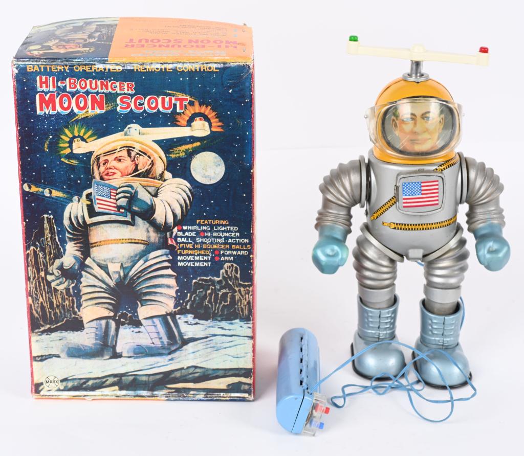 MARX BATTERY OP HI-BOUNCER MOON SCOUT: Marx battery operated Hi-Bouncer Moon Scout. All original and complete with Antenna. Toy has nice colors. Has original Remote Control Battery Box. Worked when tested. With reproduction. Box. 12" Excel