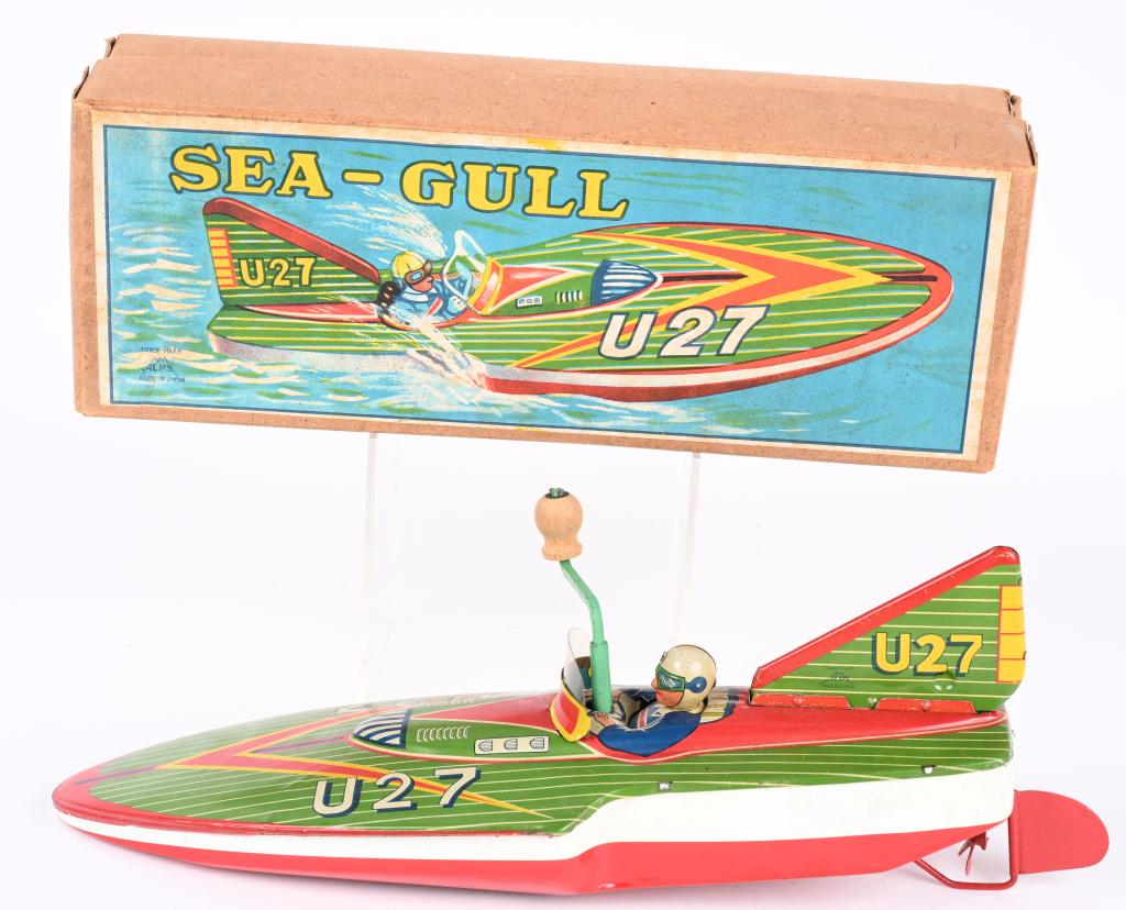 ALPS TIN CLOCKWORK SEA-GULL U27 RACE BOAT w/ BOX: Japan tin clockwork Sea-Gull U27 Race Boat. Very large and impressive Boat. Toy has great early colors and looks basically never played with condition. Has original tail fin and crank with wooden knob