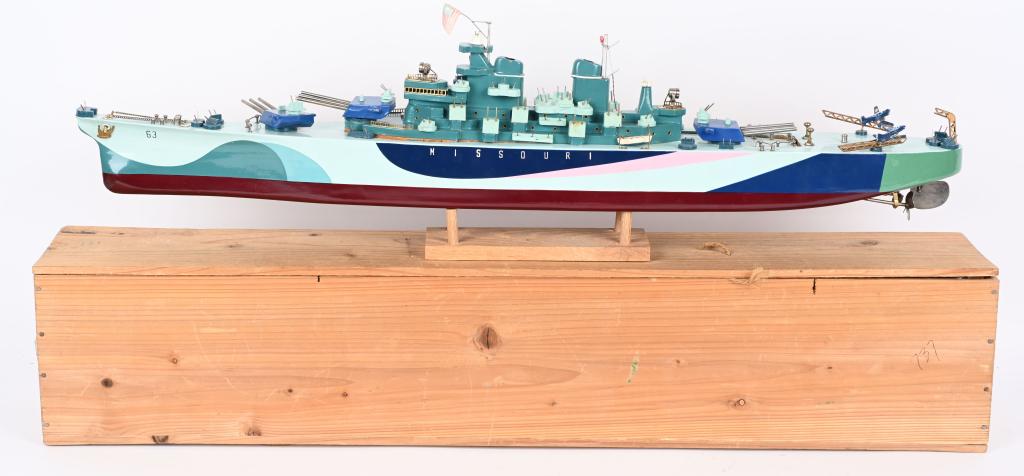 JAPAN BATTERY OP WOODEN BATTLESHIP MISSOURI w/BOX: Outstanding 32" Battleship Missouri. Wooden battery operated toy made in Japan. Wonderful colors and details. All original only 1 airplane missing. Comes with stand and original box. 32" Excellent
