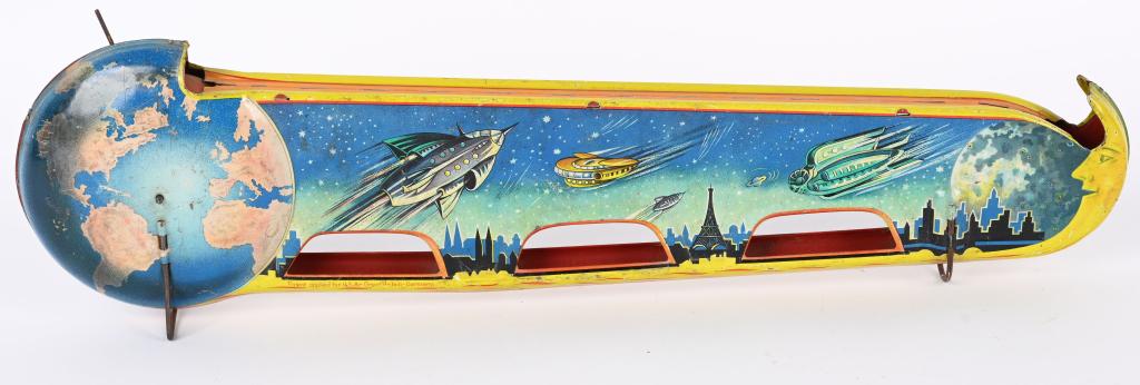 MOON & EARTH TIN WINDUP SPACE TOY: Moon and Earth tin windup Space Toy. All original with great graphics. Not complete. Windup works. 19" Excellent