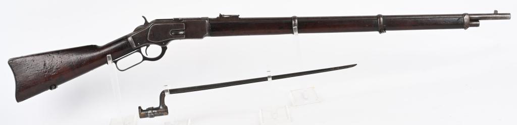 WINCHESTER MODEL 1873 44-40 MUSKET W/ BAYONET: SERIAL NUMBER 370340 BARREL 30" CALIBER 44WCF ( 44-40) MANUFACTURED 1891. With Winchesters success in selling the Model 1866 Muskets in South America they continued with the updated and superior Model
