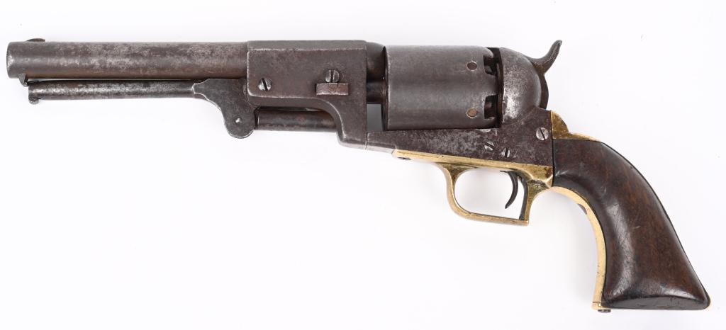 1st MODEL 1848 US DRAGOON REVOLVER: SERIAL 1711. BARREL 7.5". CALIBER .44. MADE IN 1848. First year for this model with square back trigger guard, oval cylinder stops, brass back strap and one piece walnut grips. Matching numbers on fra