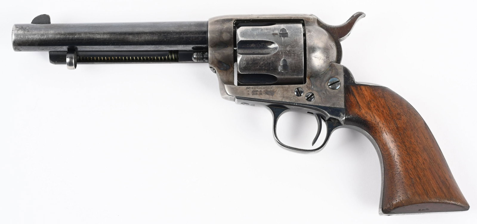 FINE COLT ARTILLERY SINGLE ACTION ARMY REVOLVER: SERIAL NUMBER 34907 BARREL 5 1/2" CALIBER .45 COLT MANUFACTURED 1877. Manufactured by Colt for issue to the United States Cavalry. Modified at the US Arsenal from 7-1.2" to 5-1/2" barrel and inspected