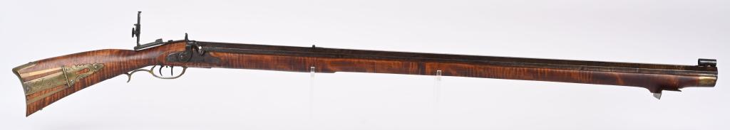 J. FORDNEY LANCASTER PERCUSSION BENCH RIFLE: SERIAL NUMBER: N/A, BARREL 45", CALIBER: .58. Impressive bench rifle marked on lock and barrel J. FORDNEY, LANCASTER. Features heavy .58 caliber barrel, beautiful contemporary tiger maple re-stock, an