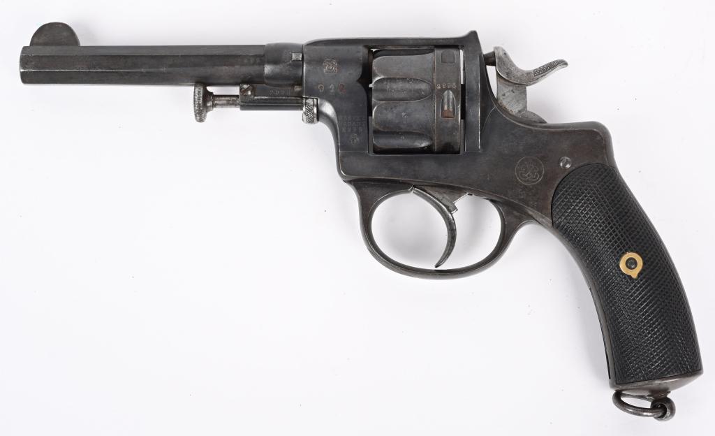 ANTIQUE BELGIAN MODEL 1878/86 REVOLVER: SERIAL NUMBER: 2996. BARREL: 5-1/2". CALIBER: 9MM BELGIAN NAGANT. MANUFACTURED: 1880S. These served the Belgian Army for generations, with some still being in inventory when Germany invaded in 1940. S