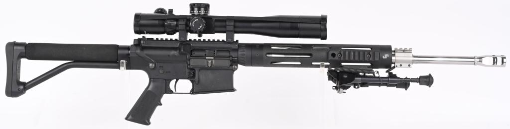 AERO PRECISION SPR-2 AR-10 WITH IOR VALDADA SCOPE: SERIAL NUMBER: 000744. BARREL: 20". CALIBER: 7.62X51. MANUFACTURED: 2010S. Aero Precision lower, with an unknown upper. Unmarked stainless steel barrel with a ported muzzle break. Aluminum rail with H