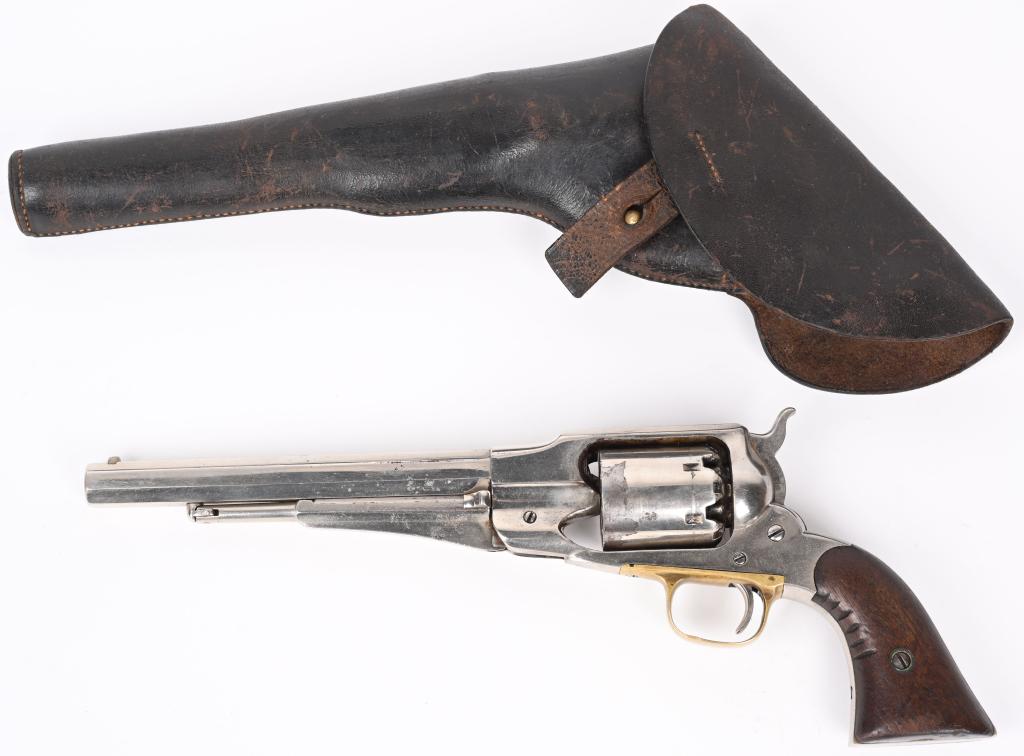 NICKEL PLATED REMINGTON MODEL 1858 W / HOLSTER: SERIAL 10635. BARREL 8". CALIBER 44. Standard Civil War US issue revolver with inspector stamps that appears to have been period plated. Features octagon barrel, two piece walnut grips, brass trigger 