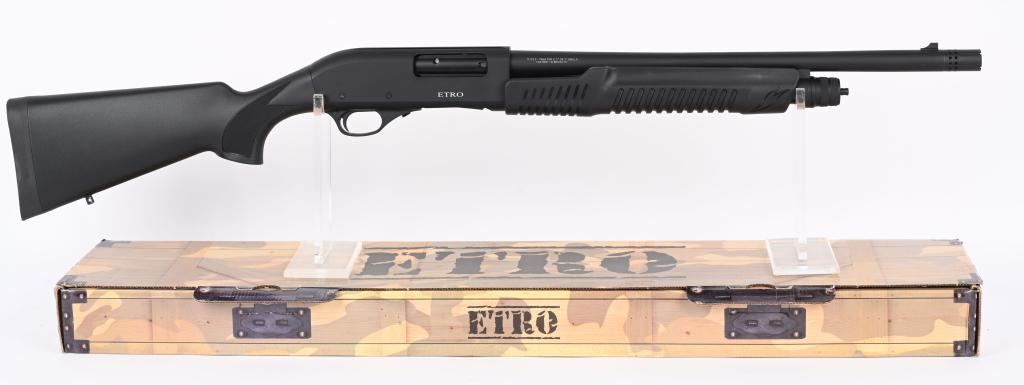 ATA ETRO ET-09 PUMP SHOTGUN WITH BOX: SERIAL NUMBER: SA-27369. BARREL: 18-1/2". CALIBER: 12 GAUGE. MANUFACTRED: 2020S. Made in Turkey. Blade front sight. Black anodized finish and polymer furniture. Black rubber butt pad. Removable choke